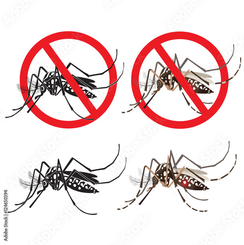 Isolated Mosquito Editable Under The Red Circle. Zika Virus. Outbreak Alert Concept. Against Virus From A.Aegypti Mosquito. Zika Virus Warning Sign. Mosquito Vector Set. Dengue Fever.