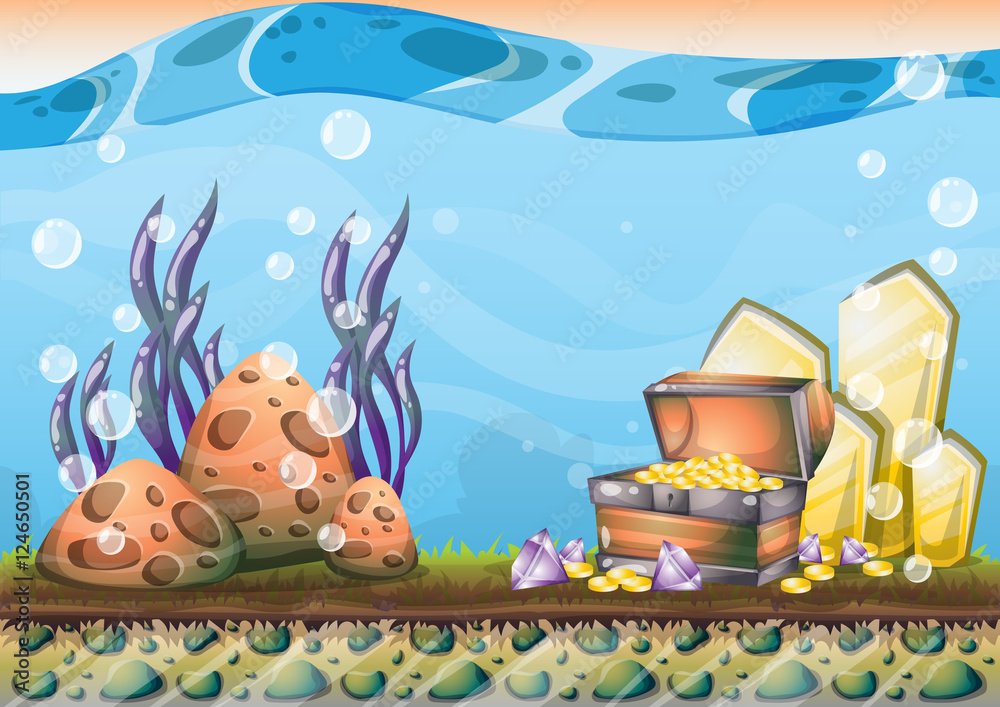 Fototapeta premium cartoon vector underwater treasure background with separated layers for game art and animation game design asset in 2d graphic