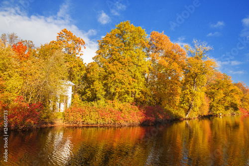Fall landscape. Autumn park, lake, leaves and sun © Miramiska