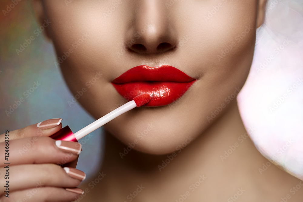 Fototapeta premium Pretty face beauty lady Red woman lips close up. Beautiful model