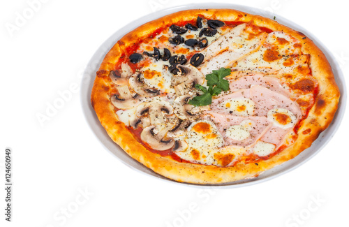 Pizza "Four Seasons" on a white plate. isolated on white. top view