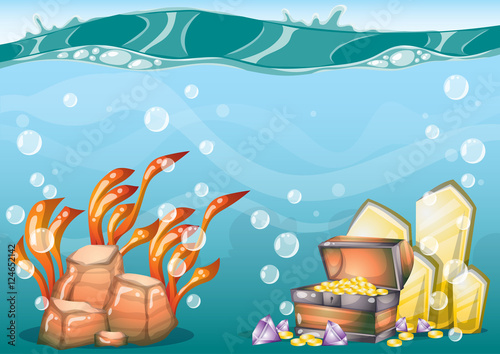 cartoon vector underwater treasure background with separated layers for game art and animation game design asset in 2d graphic