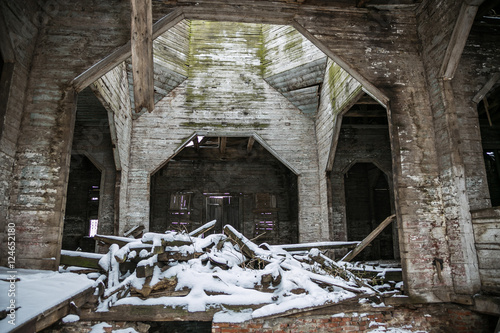 An old abandoned wooden Church of the Intercession of the Holy Virgin in Kamenka, Kursk region. in Russia photo