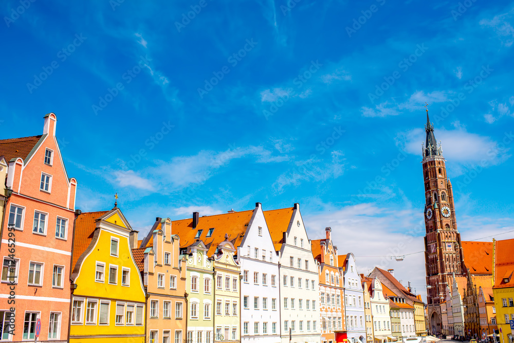 Cityscape view with saint Martin cathedral in the center of Landshut old town in Germany