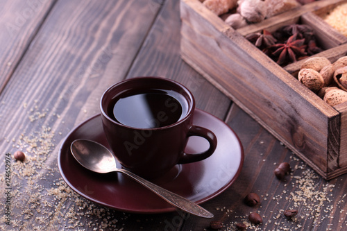 Coffee and spices in a wooden printers box.