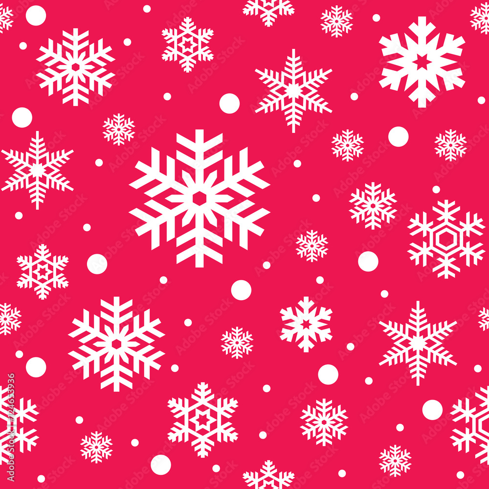 Seamless pattern of white snowflakes on pink background. Snowfall stylized wrapping texture. Winter repeating backdrop. Falling snow vector illustration in eps8.