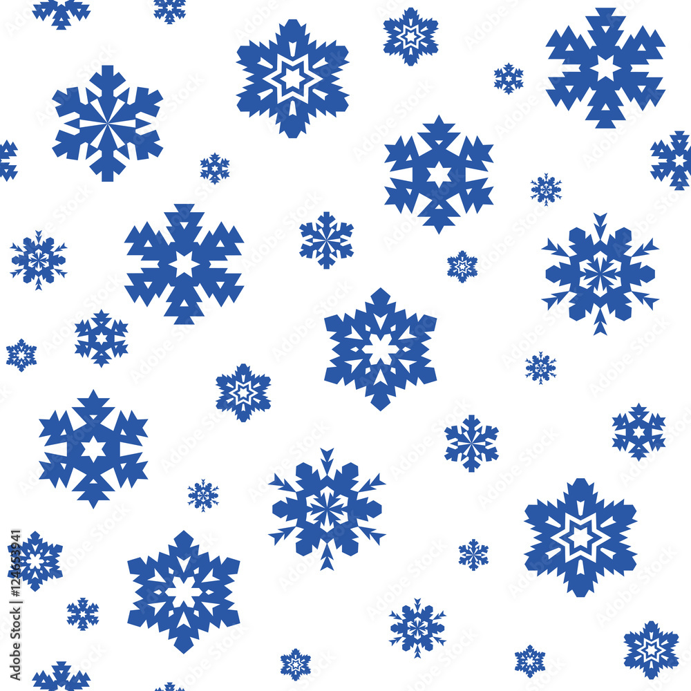 Seamless pattern of blue snowflakes on white background. Snowfall stylized wrapping texture. Winter repeating backdrop. Falling snow vector illustration in eps8. Seamless pattern of blue snowflakes on white background. Snowfall stylized wrapping texture. Winter repeating backdrop. Falling snow vector illustration in eps8.