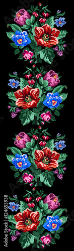 Color bouquet of wildflowers (lilia, bellflower, barberry flower and cornflowers) on the black background using traditional Ukrainian embroidery elements. Can be used as pixel-art. Border pattern.