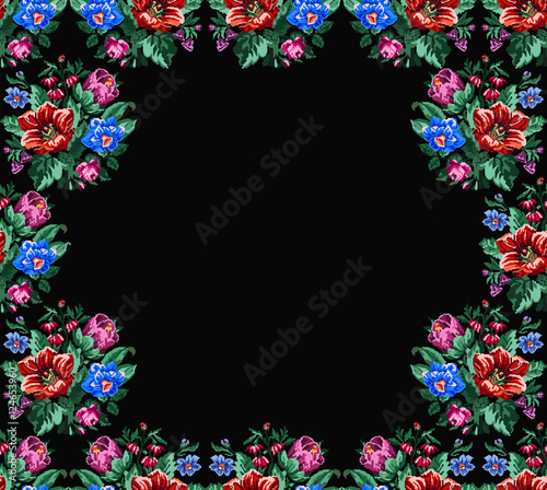 Color bouquet of wildflowers (lilia, bellflower, barberry flower and cornflowers)  on borders on the black background using Ukrainian embroidery elements. Place for text. Can be used as pixel-art. © yik2007