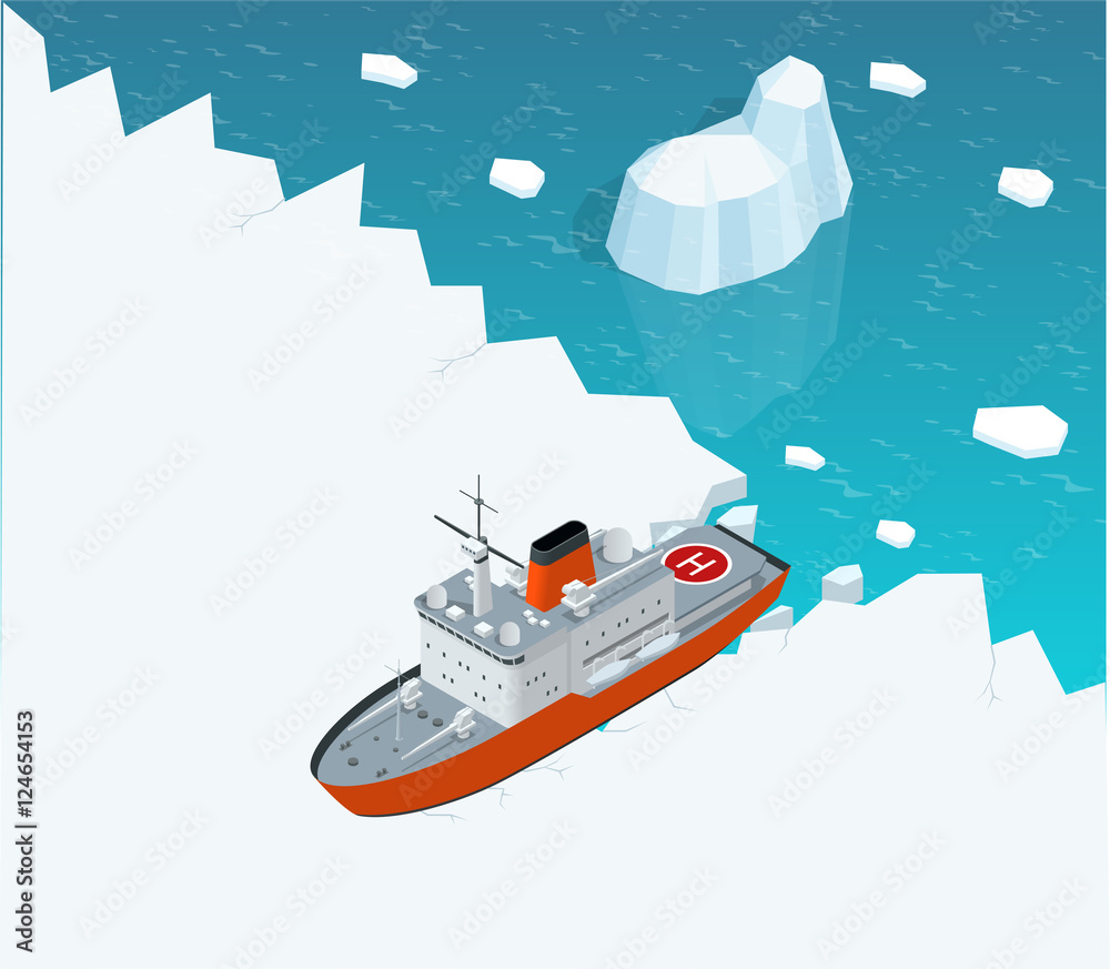 Obraz premium Isometric nuclear-powered icebreaker sailing in ice. Ship on the ice in the sea.