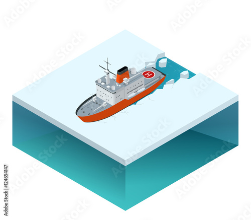 Isometric nuclear-powered icebreaker sailing in ice. Ship on the ice in the sea.