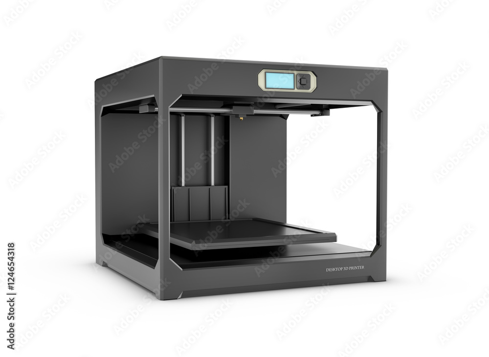 Rndering of black desktop 3d printer isolated on the white background. Rndering of black desktop 3d printer isolated on the white background.
