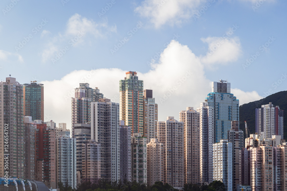 View of residential skyscrapers on the densely built Hong Kong Island in Hong Kong, China. Copy space.