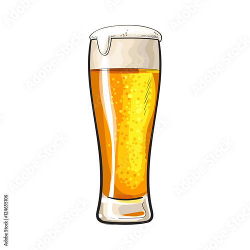 High glass of cold beer with foam and bubbles, sketch style vector illustration isolated on white background. Hand drawn frosty glass of ice cold golden beer, lager, ale, Oktoberfest symbol