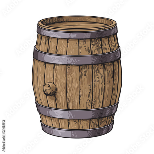 Side view of standing wooden barrel, sketch style vector illustrations isolated on white background. Wine, rum, beer classical wooden barrel, hand-drawn vector illustration, side view