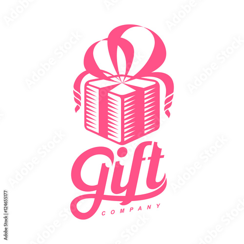 pink and white graphic line art gift box logo templates, vector illustration isolated on white background. Gif box with ribbon and bow, hand offering gift, giving present