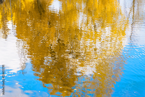 Yellow and orange autumn leaves reflecting in the water. Abstract blurred natural background