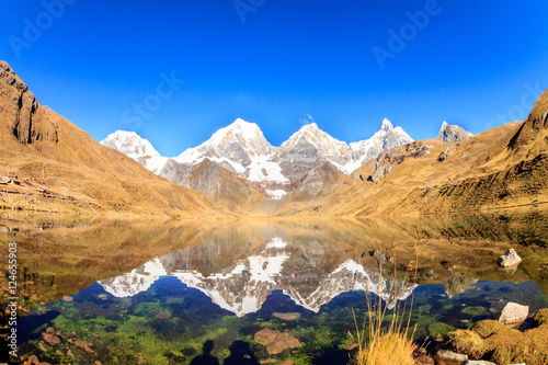 Snow covered mountains reflected on a lake