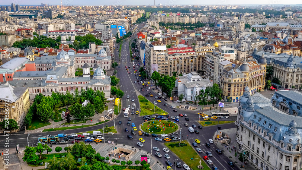 Panoramic view of the Univesity Square in Bucharest, Romania. Daytime with traffic jam.