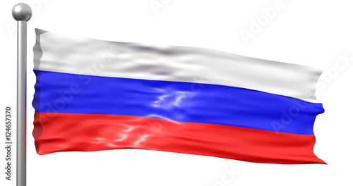 Russia flag render. A wavy rendered 3D flag with white pole. Isolated object. 