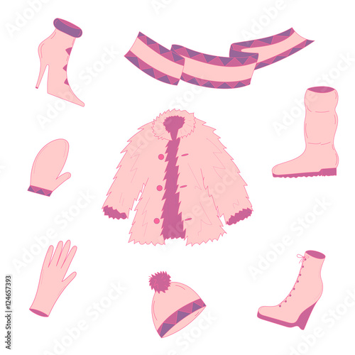 Hand Drawn Winter Clothes. Pink shoes on high heel, scarf, mitten, glove and fur coat. Vector illustration.