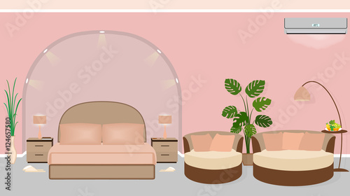 Modern hotel room interior with houseplants, sofa and backlight