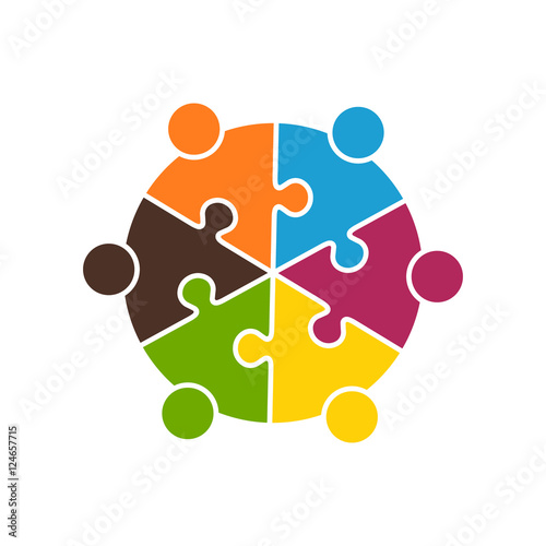 Teamwork People in Six Puzzle Pieces. Vector Graphic design illustration