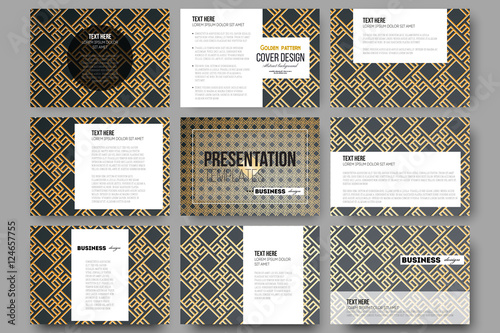 Set of 9 templates for presentation slides. Islamic gold pattern with overlapping geometric square shapes forming abstract ornament. Vector stylish golden texture on black background