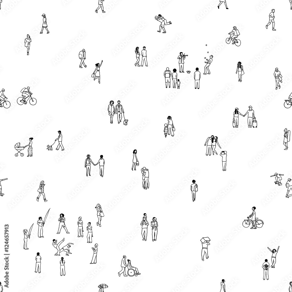 Seamless pattern of tiny people: pedestrians, people in the street, a diverse collection of tiny hand drawn men and women walking through the city