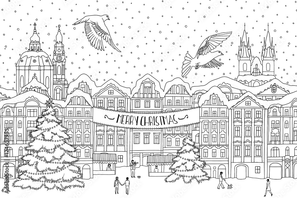 Hand drawn black and white illustration of a city in winter at Christmas time, hand drawn outlines for coloring, black and white ink drawing, Christmas card template