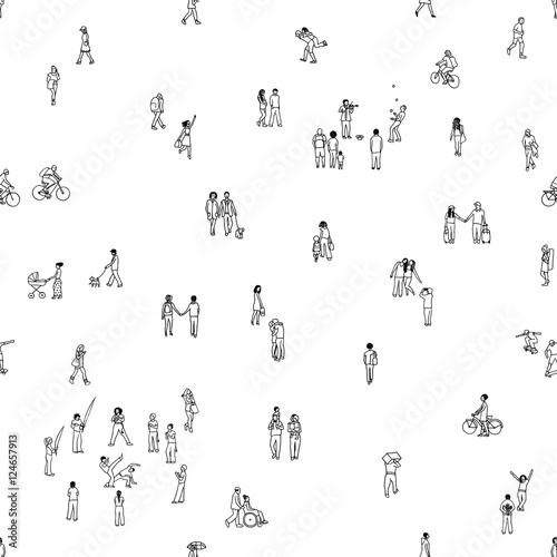 Seamless pattern of tiny people  pedestrians  people in the street  a diverse collection of tiny hand drawn men and women walking through the city