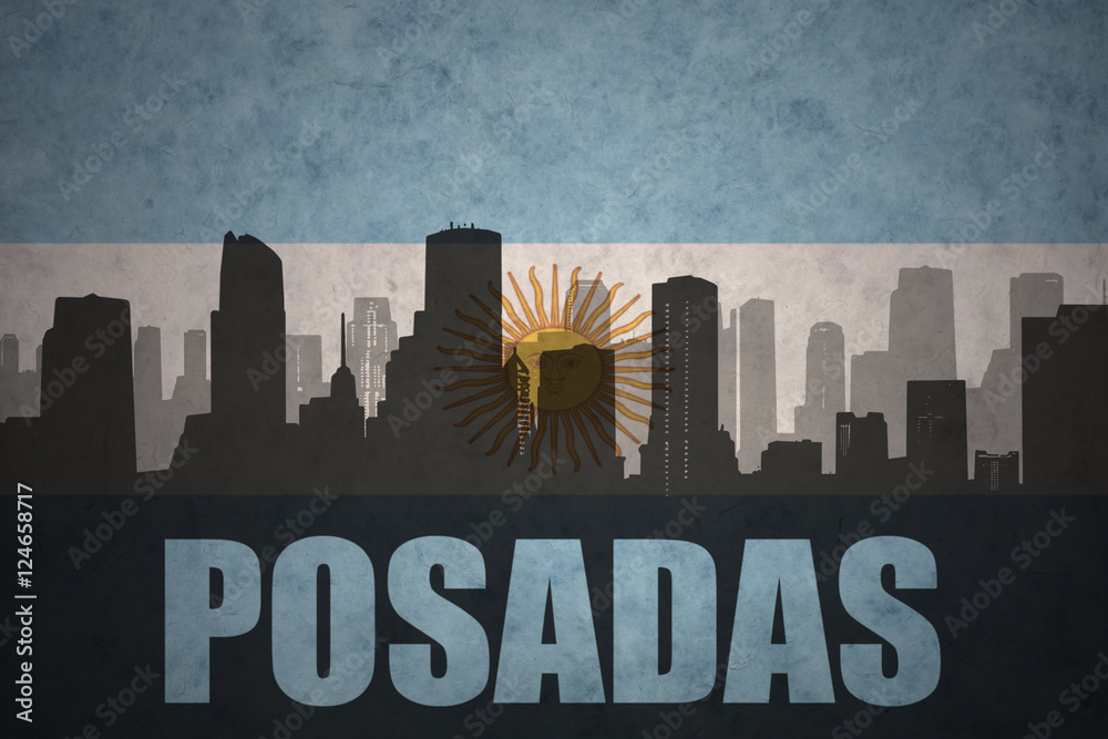 abstract silhouette of the city with text Posadas at the vintage argentinean flag