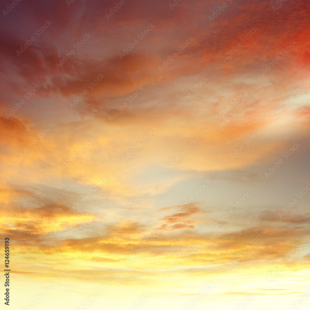Warm summer sunrise orange clouds sunset sky background