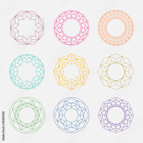 Linear shapes. Sacred geometry. Circle shapes set. Crystal forms. Outline Mandala frames. Crystal form.