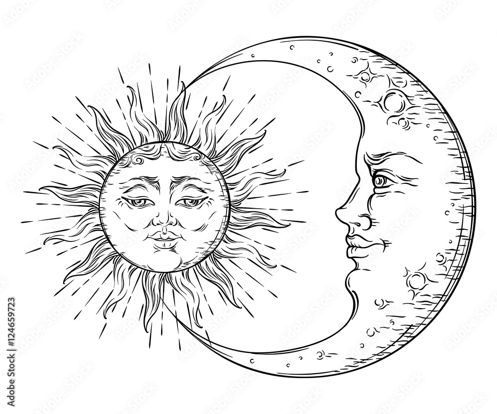 Рисунок солнце и луна графика Antique style hand drawn art sun and crescent moon. Boho chic tattoo design vect