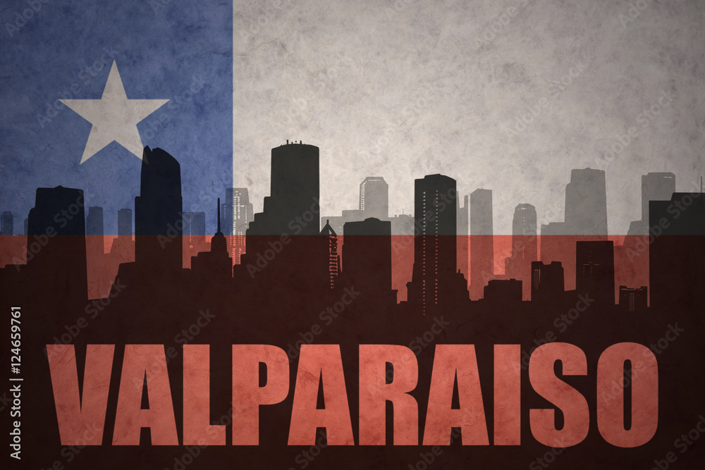abstract silhouette of the city with text Valparaiso at the vintage chilean flag