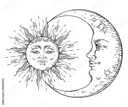 Antique style hand drawn art sun and crescent moon. Boho chic tattoo design vector