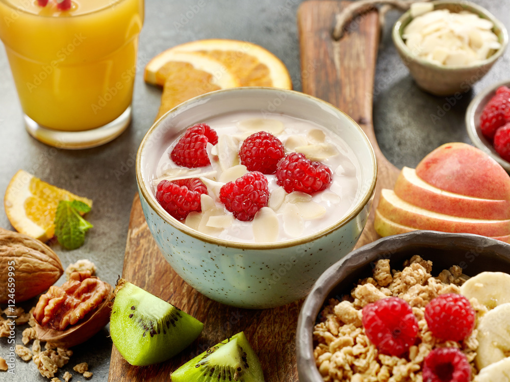 bowl of yogurt with raspberries bowl of yogurt with raspberries