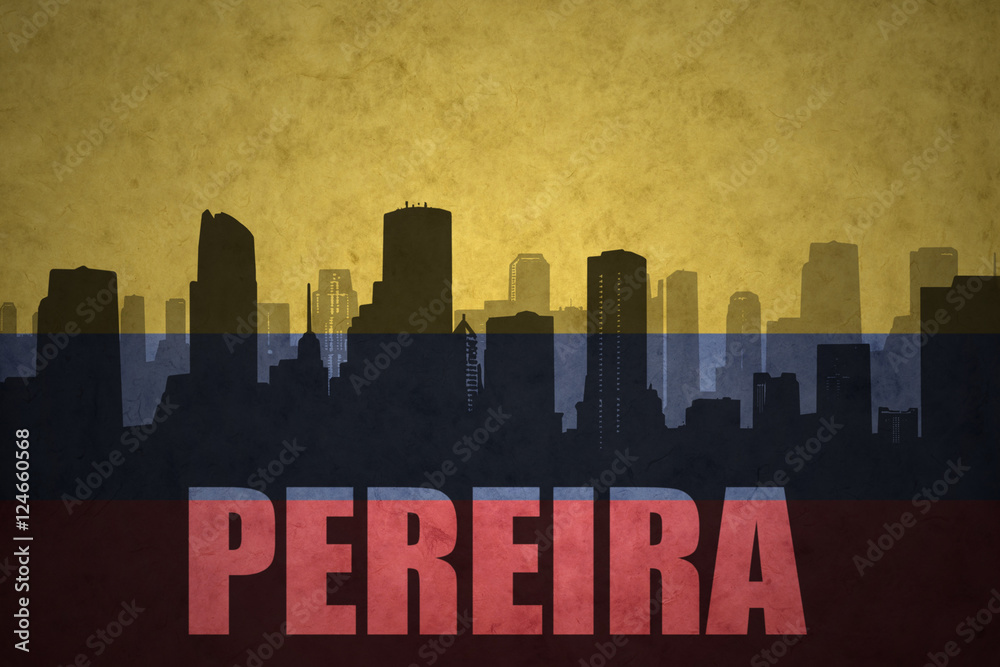 abstract silhouette of the city with text Pereira at the vintage colombian flag