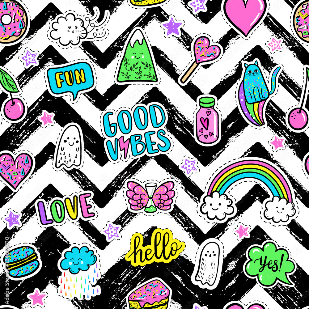 Vector hand drawn fashion pink color patches: rainbow, doughnut, mountain, cat, ghost, cloud, macaron, cake, lollipop, heart seamless pattern. Modern pop art sticker, patches pin, badge 80s-90s style