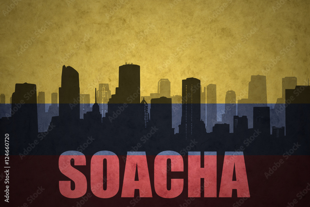 abstract silhouette of the city with text Soacha at the vintage colombian flag