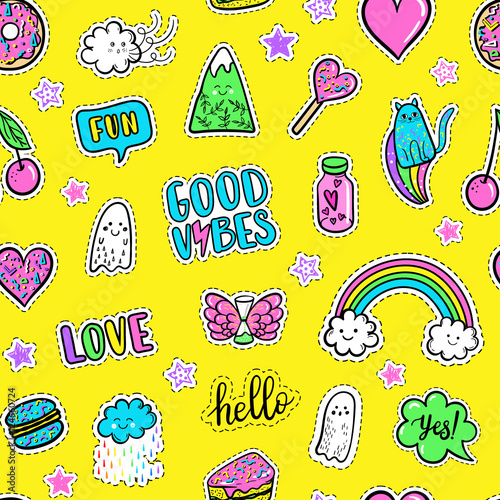 Vector hand drawn fashion pink color patches: rainbow, doughnut, mountain, cat, ghost, cloud, macaron, cake, lollipop, heart seamless pattern. Modern pop art sticker, patches pin, badge 80s-90s style