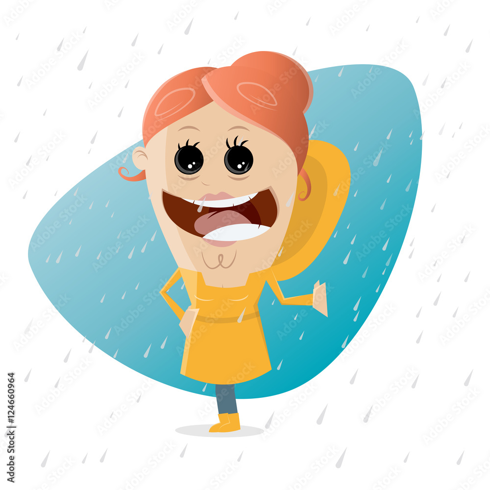 happy cartoon girl standing in the rain with a yellow raincoat