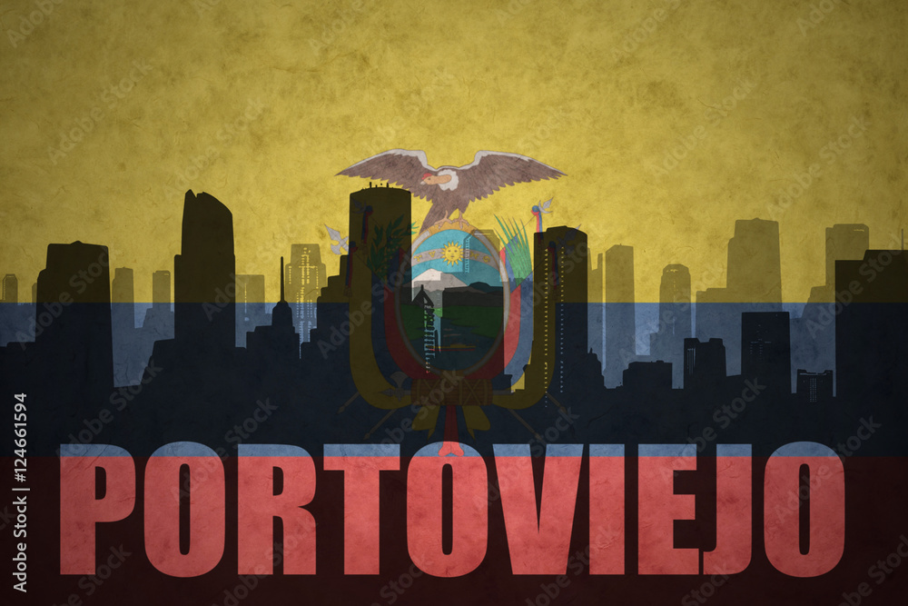 abstract silhouette of the city with text Portoviejo at the vintage ecuadorian flag