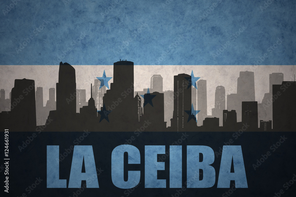abstract silhouette of the city with text La Ceiba at the vintage honduras flag