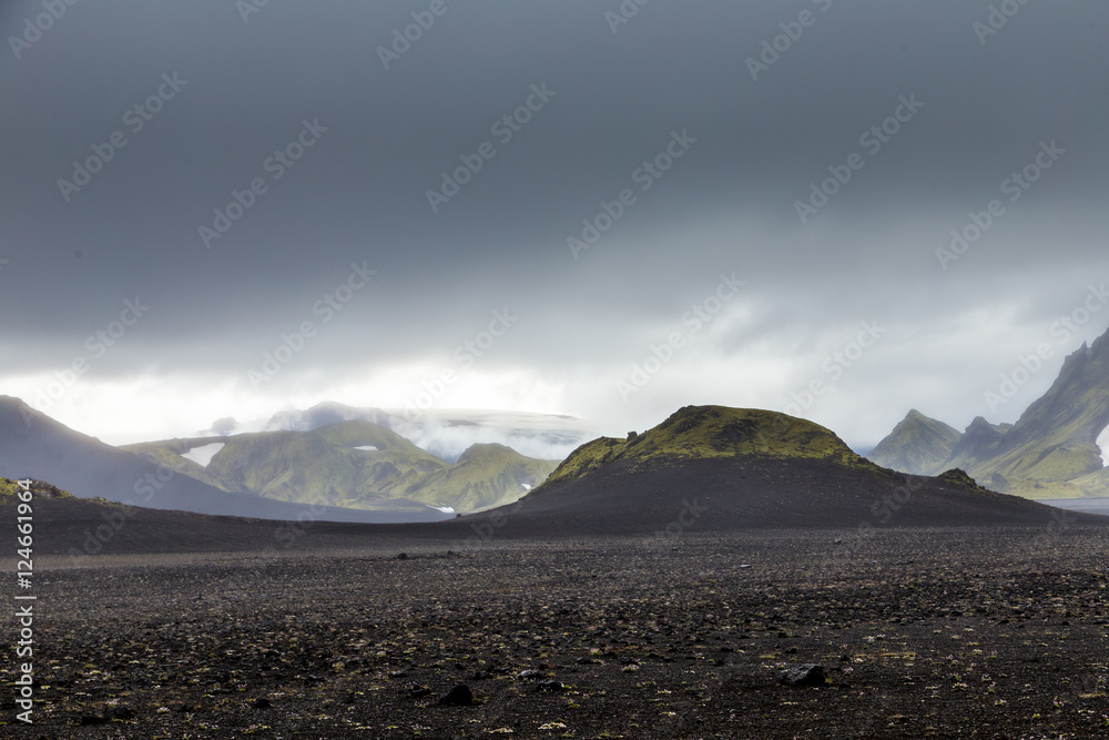 Dark Iceland landscape with hills and cloudy sky, Iceland