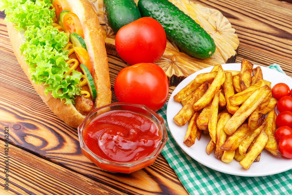 Fast food meal, hot dog, french fries, ketchup, tomato and cucumber on wooden background. Fast food meal, hot dog, french fries, ketchup, tomato and cucumber on wooden background.