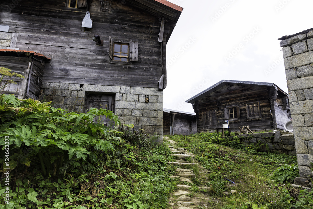 Traditional wooden Turkish house view of Pokut plateau near Senyuva, Camlihemsin, Rize, Turkey Traditional wooden Turkish house view of Pokut plateau near Senyuva, Camlihemsin, Rize, Turkey