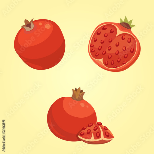 Whole and cut pomegranate icon set. Cartoon healty fruit heart isolated vector illustration. Vegeterian vegan diet food. Ripe