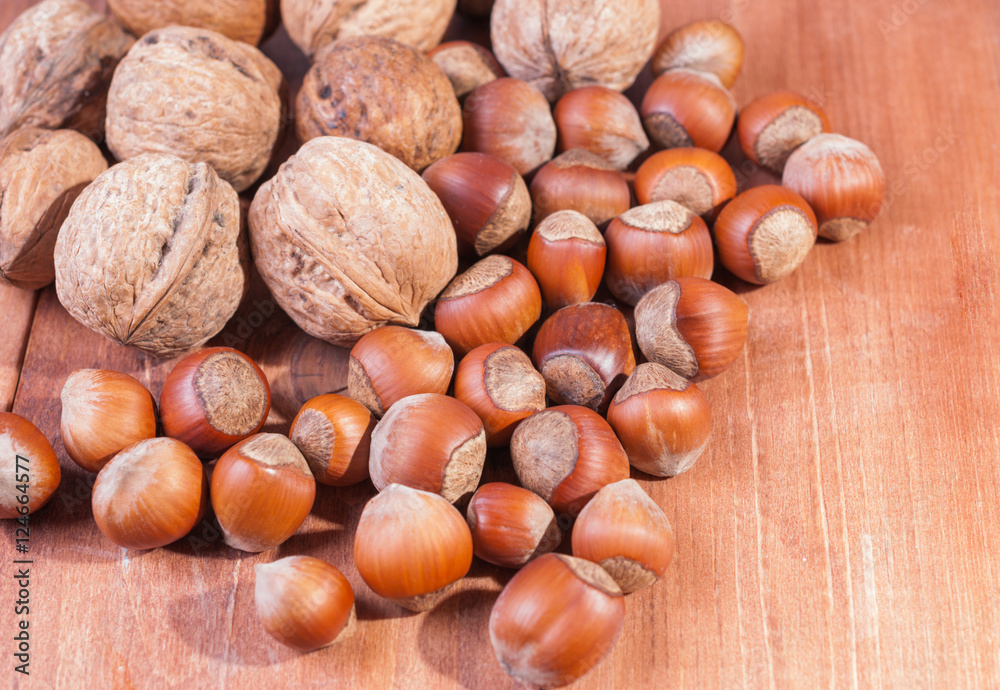Walnuts and hazelnuts on wooden background Walnuts and hazelnuts on wooden background